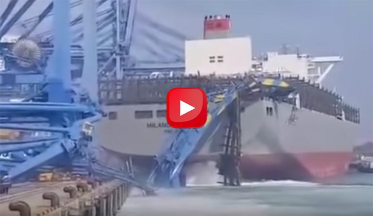 container ship crashes into a crane